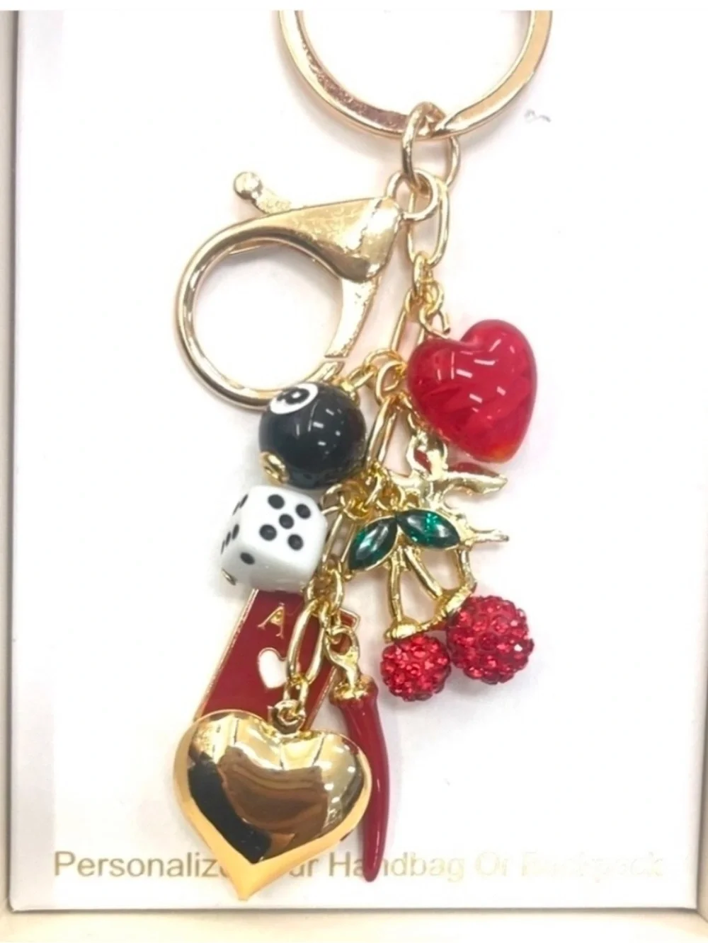 Persimmons NWT Gold Tone Red Charm Keychain with Hearts, Dice & Playing Card